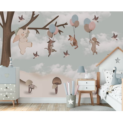 Papel de Parede autocolante quarto infantil árvore safari coelhinhos - VR658