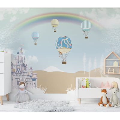 Papel de Parede autocolante quarto infantil balões coloridos arco-íris castelo - VR656