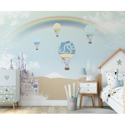 Papel de Parede autocolante quarto infantil balões coloridos arco-íris castelo - VR656