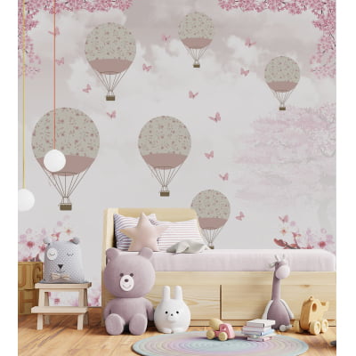 Papel de Parede autocolante quarto infantil balões floral rosa - VR659