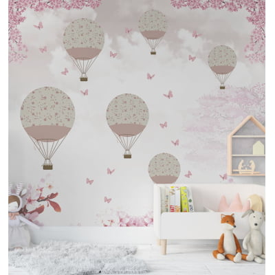 Papel de Parede autocolante quarto infantil balões floral rosa - VR659