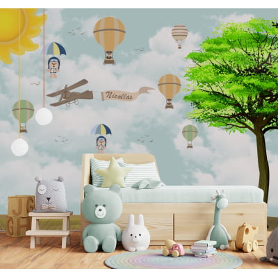 Papel de Parede autocolante quarto infantil floresta ursinhos balões - VR670