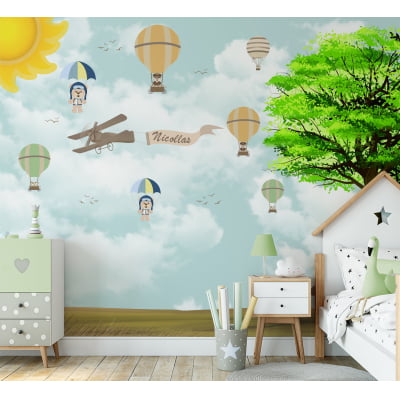 Papel de Parede autocolante quarto infantil floresta ursinho baloeiro - VR670