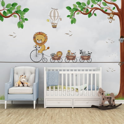 Papel de Parede autocolante quarto infantil safari árvore floresta animais - VR654