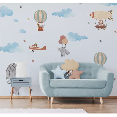 Papel De Parede Balão Animais Safari Quarto De Bebê Infantil VR588