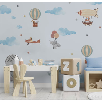 Papel De Parede Balão Animais Safari Quarto De Bebê Infantil VR588