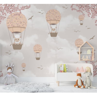 Papel de Parede balões rosas floral árvores flores pássaros quarto infantil bebê  - VR679