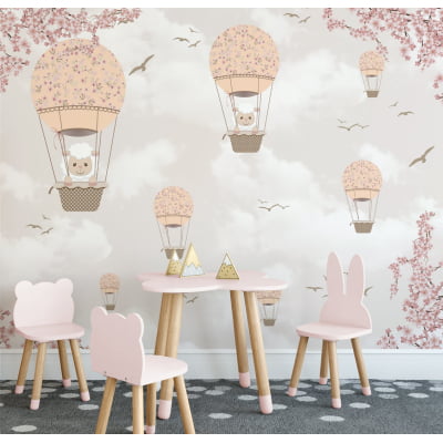 Papel de Parede balões rosas floral árvores flores pássaros quarto infantil bebê  - VR679