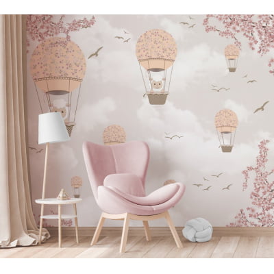 Papel de Parede balões rosas floral árvores flores pássaros quarto infantil bebê  - VR679