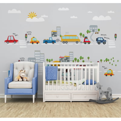 Papel de Parede carrinhos cidade infantil bebê  - VR697