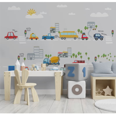 Papel de Parede carrinhos cidade infantil bebê  - VR697