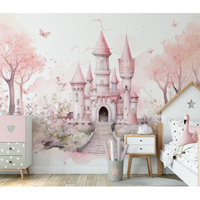 Papel De Parede Castelinho Árvore Floresta Floral Rosa Bebê Infantil VR624