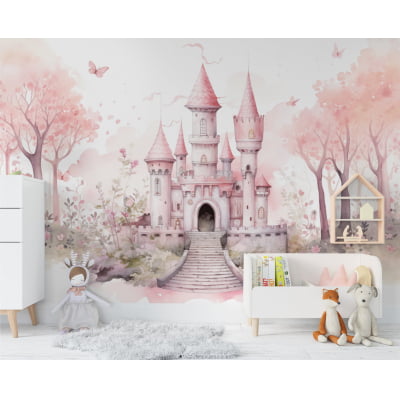 Papel De Parede Castelinho Árvore Floresta Floral Rosa Bebê Infantil VR624