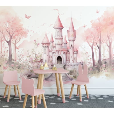 Papel De Parede Castelinho Árvore Floresta Floral Rosa Bebê Infantil VR624