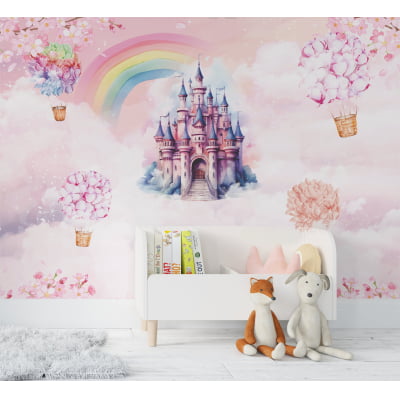 Papel de Parede Castelinho balões flores arco-íris Feminino Rosa - VR700