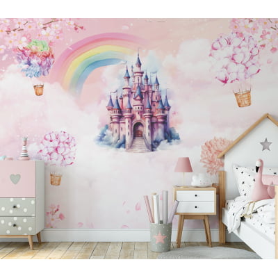 Papel de Parede Castelinho balões flores arco-íris Feminino Rosa - VR700