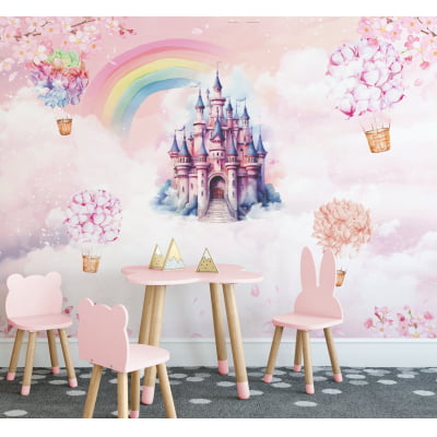 Papel de Parede Castelinho balões flores arco-íris Feminino Rosa - VR700