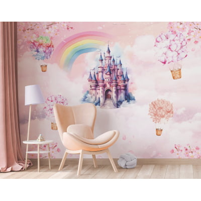 Papel de Parede Castelinho balões flores arco-íris Feminino Rosa - VR700