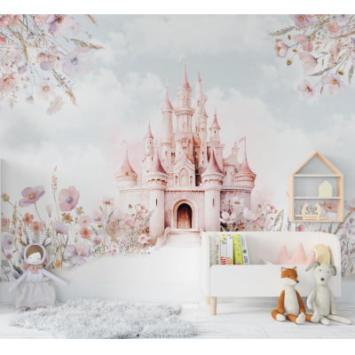 Papel De Parede Castelinho Rosa Jardim Flores Infantil vr718