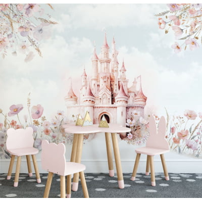 Papel De Parede Castelinho Rosa Jardim Flores Infantil vr718