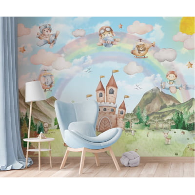 Papel de Parede Castelinho Safari Aviadores Arco-íris Floresta Verde - VR699