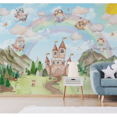 Papel de Parede Castelinho Safari Aviadores Arco-íris Floresta Verde - VR699