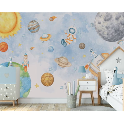 Papel De Parede Espaço Sideral Astronauta Planetas Quarto Bebê Infantil - VR598