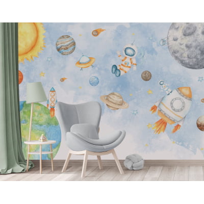 Papel De Parede Espaço Sideral Astronauta Planetas Quarto Bebê Infantil - VR598