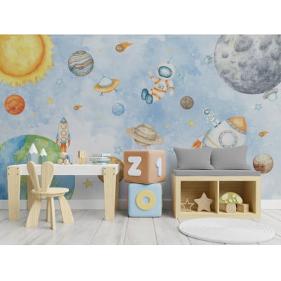 Papel De Parede Espaço Sideral Astronauta Planetas Quarto Bebê Infantil - VR598