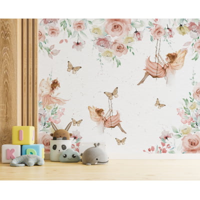 Papel De Parede fadinhas jardim flores folhagem verde infantil - VR490