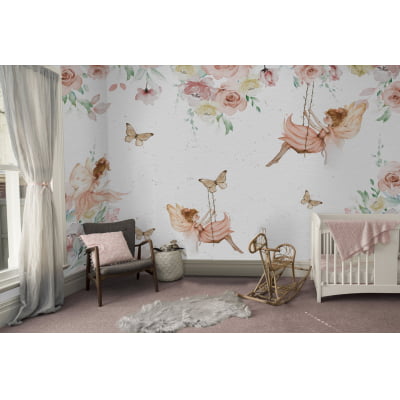 Papel De Parede fadinhas jardim flores folhagem verde infantil - VR490