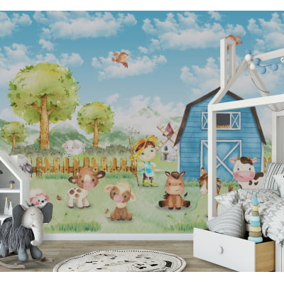 Papel de Parede Fazenda azul animais floresta verde infantil bebê  - VR695