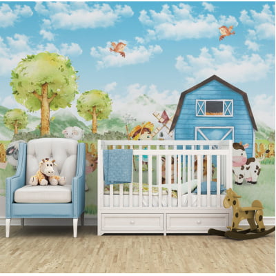 Papel de Parede Fazenda azul animais floresta verde infantil bebê  - VR695