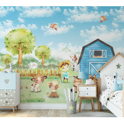 Papel de Parede Fazenda azul animais floresta verde infantil bebê  - VR695