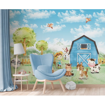 Papel de Parede Fazenda azul animais floresta verde infantil bebê  - VR695