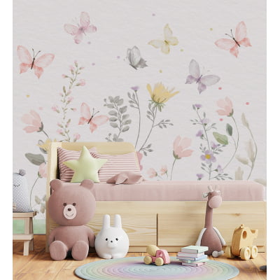 Papel De Parede Floral Infantil Jardim Borboletas VR516