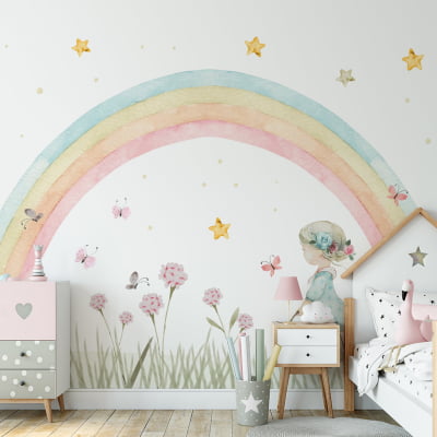 Papel De Parede Floral Menina Cesto De Flores Rosa Estrelas Arco-íris VR563