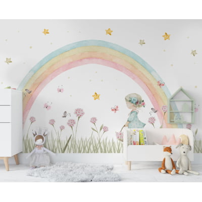 Papel De Parede Floral Menina Cesto De Flores Rosa Estrelas Arco-íris VR563