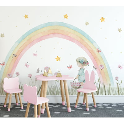 Papel De Parede Floral Menina Cesto De Flores Rosa Estrelas Arco-íris VR563