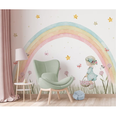 Papel De Parede Floral Menina Cesto De Flores Rosa Estrelas Arco-íris VR563