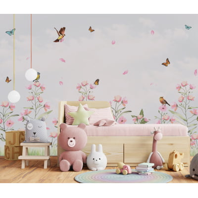 Papel De Parede Floral Menina Pássaros Quarto Bebê Infantil - VR565