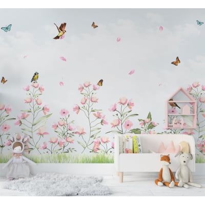 Papel De Parede Floral Menina Pássaros Quarto Bebê Infantil - VR565