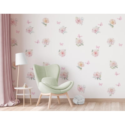 Papel De Parede Floral Rosas Borboletas Infantil - VR725