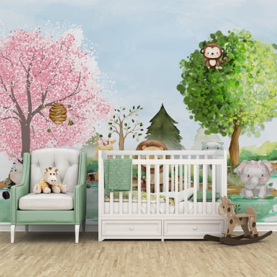 Papel De Parede Floresta Animais Safari Quarto De Bebê VR611