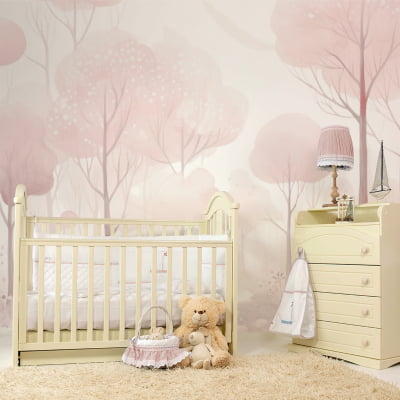 Papel De Parede Floresta Árvores Rosa Infantil Bebê - VR628