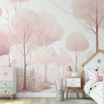 Papel De Parede Floresta Árvores Rosa Infantil Bebê - VR628