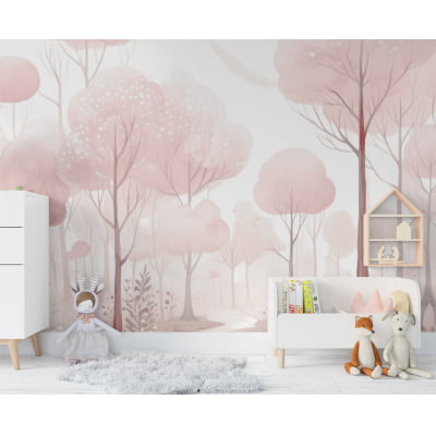 Papel De Parede Floresta Árvores Rosa Infantil Bebê - VR628