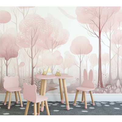 Papel De Parede Floresta Árvores Rosa Infantil Bebê - VR628