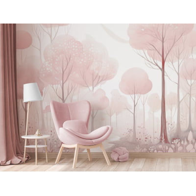 Papel De Parede Floresta Árvores Rosa Infantil Bebê - VR628