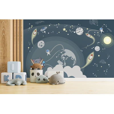 Papel De Parede Gato Espaço Sideral Planetas Infantil Pp711